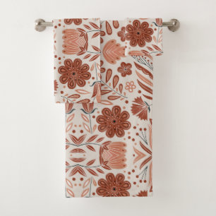 Conjunto De Toalhas Padrão Floral Rustic Estilizado Terracotta