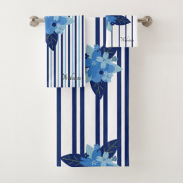 Conjunto De Toalhas Padrão Floral Strike Elegante Azul Monocromático