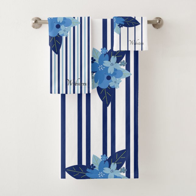 Conjunto De Toalhas Padrão Floral Strike Elegante Azul Monocromático (Insitu)