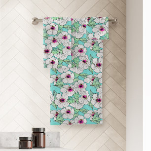 Conjunto De Toalhas Padrão Floral Tropical de Hibiscus Rosa e Branco