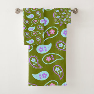 Conjunto De Toalhas Padrão Floral Verde e Azul Paisley