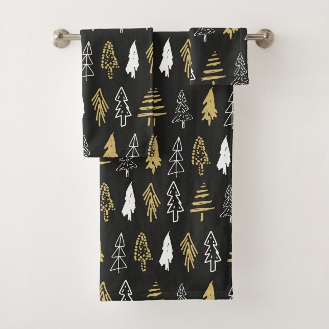 Conjunto De Toalhas Padrão Florestal de Árvore de Natal Preto Dourado  (Insitu)