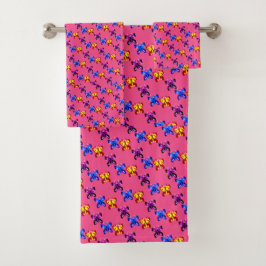 Conjunto De Toalhas Padrão Fofo de Borboleta Pixel em Fundo Rosa Vibra