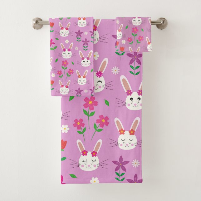 Conjunto De Toalhas Padrão fofo de coelho de Páscoa com flores em rosa (Insitu)