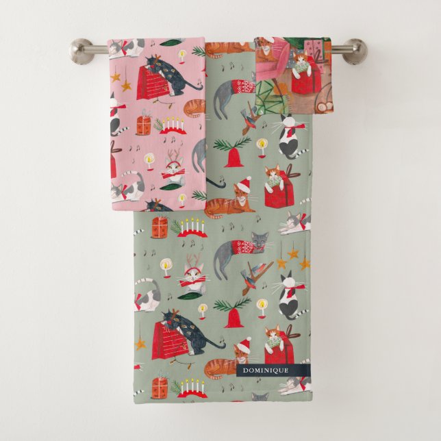 Conjunto De Toalhas Padrão fofo de gatos retrô no Natal (Insitu)