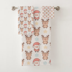 Conjunto De Toalhas Padrão Fofo de Papai Noel e Rena