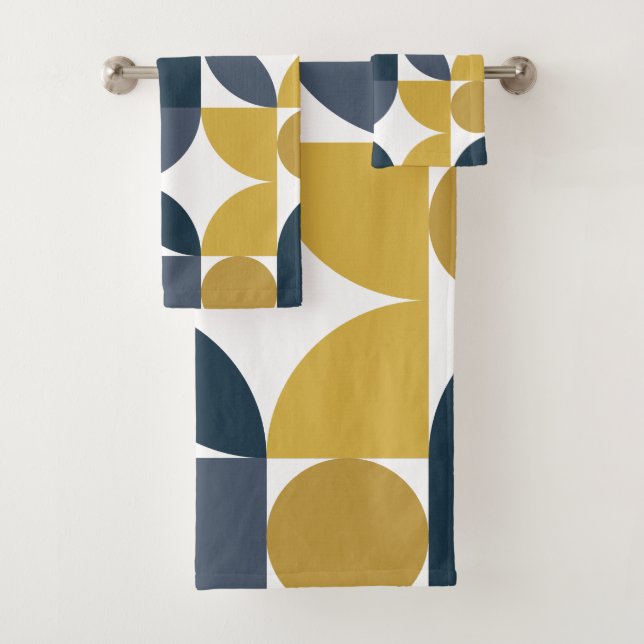 Conjunto De Toalhas Padrão Geométrico Abstrato Azul Mostarda (Insitu)