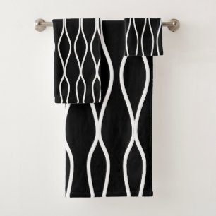 Conjunto De Toalhas Padrão Geométrico Abstrato Branco Ondulado em Pret