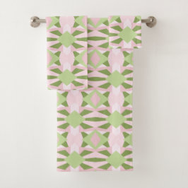 Conjunto De Toalhas Padrão Geométrico Abstrato em Verde e Rosa Pastel