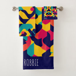 Conjunto De Toalhas Padrão Geométrico Amarelo Azul Cor-de-Rosa Moderno