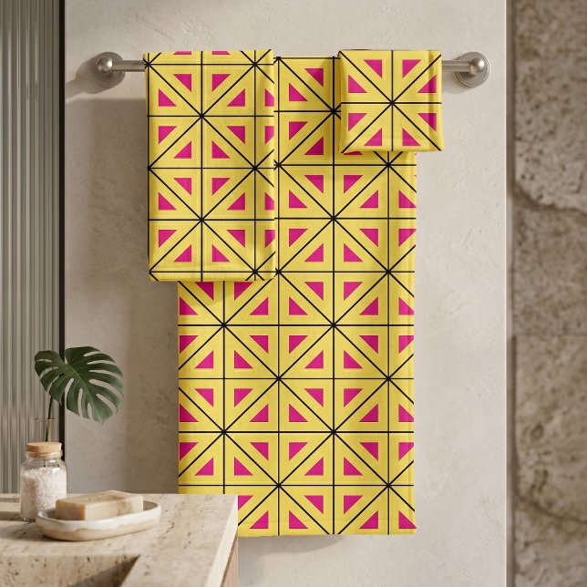 Conjunto De Toalhas Padrão Geométrico Amarelo & Rosa Elegante (Criador carregado)