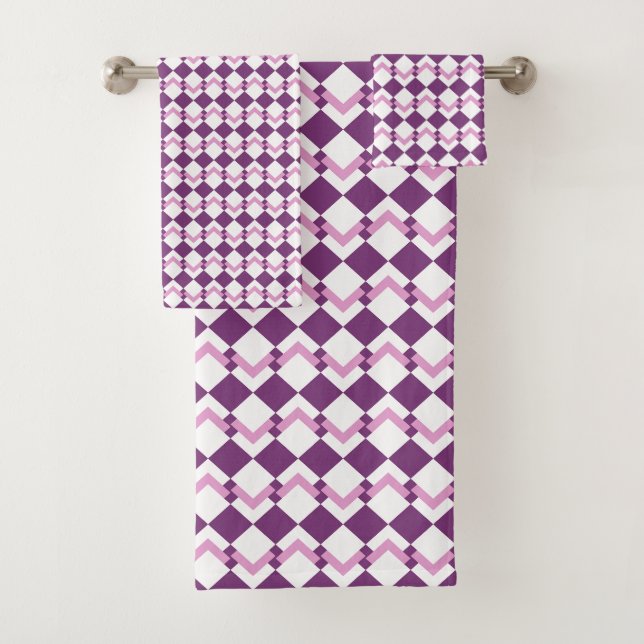 Conjunto De Toalhas Padrão Geométrico Branco e Roxo (Insitu)