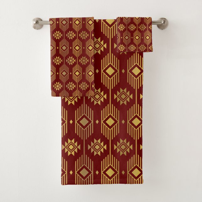 Conjunto De Toalhas Padrão geométrico de ikat vermelho e dourado (Insitu)
