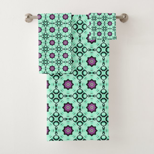 Conjunto De Toalhas Padrão geométrico de mandala em verde menta e roxo (Insitu)