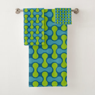 Conjunto De Toalhas Padrão geométrico do Abstrato retrô em azul e verd