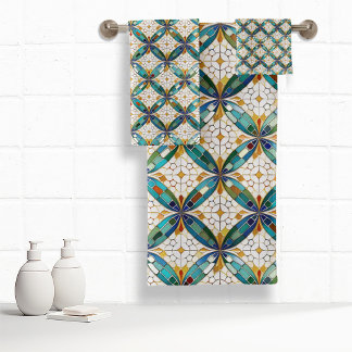Conjunto De Toalhas Padrão Geométrico do Azulejo nº 5 Branco Teal ID10