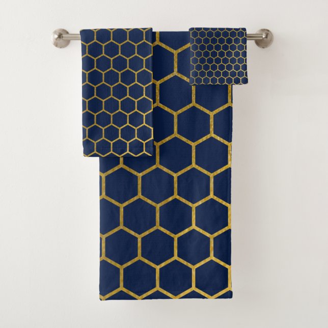Conjunto De Toalhas Padrão Geométrico do Hexágono Azul e Dourado do ma (Insitu)