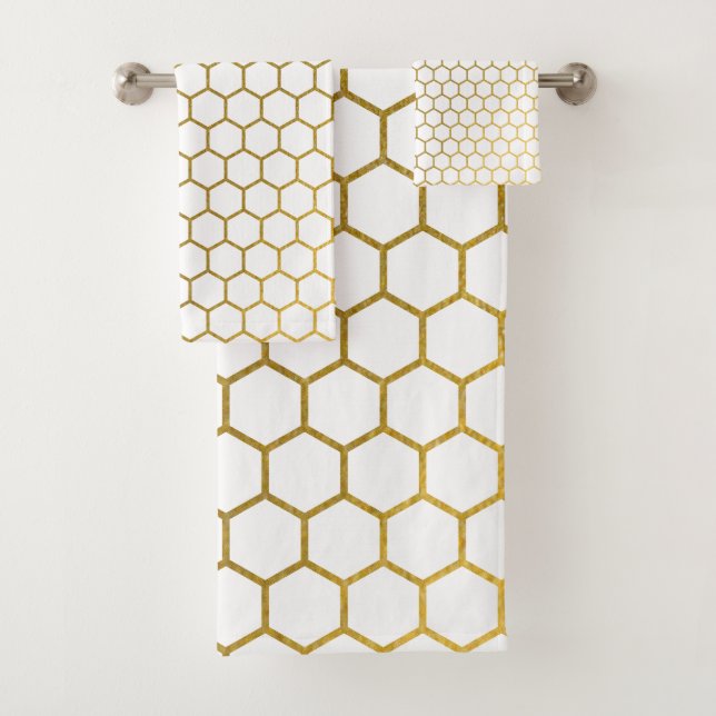Conjunto De Toalhas Padrão Geométrico do Hexágono Branco e Dourado (Insitu)