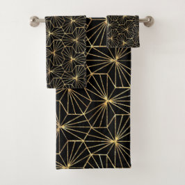 Conjunto De Toalhas Padrão Geométrico Dourado Preto Art Déco Retrô