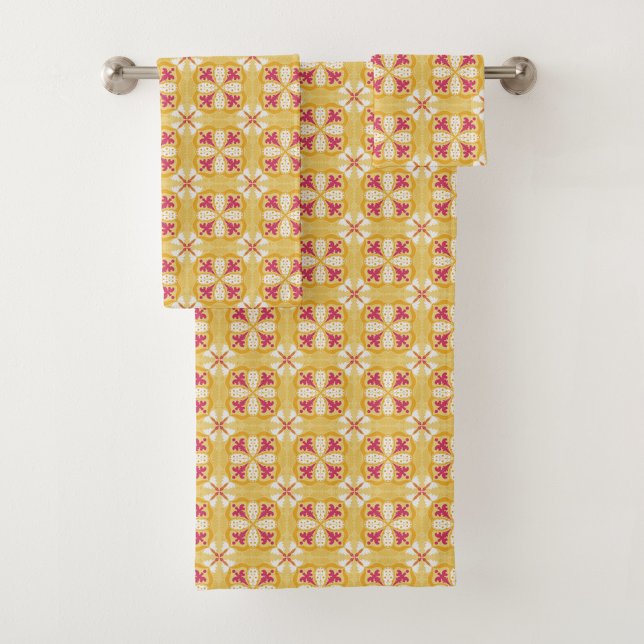 Conjunto De Toalhas padrão geométrico em amarelo, rosa e laranja (Criador carregado)