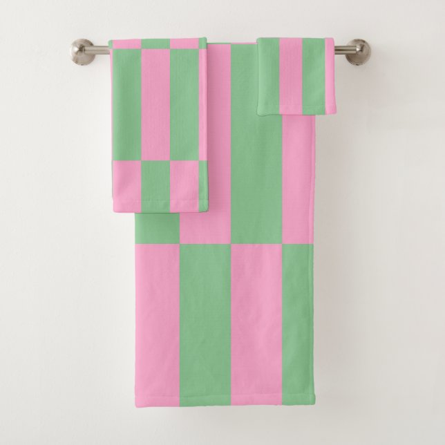 Conjunto De Toalhas Padrão Geométrico Listrado de Rosa e Verde (Insitu)