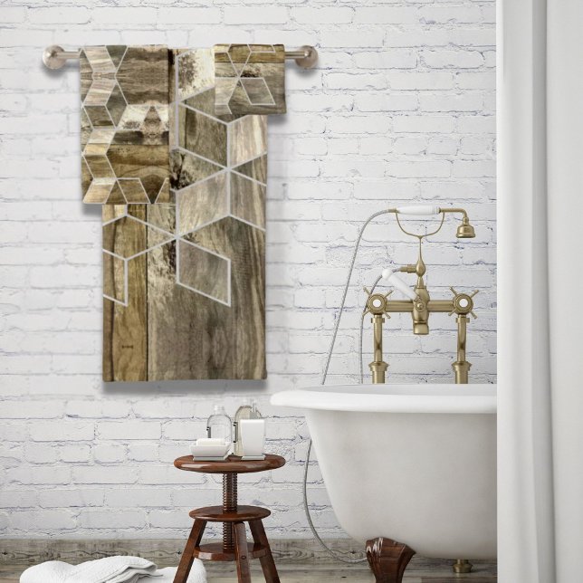 Conjunto De Toalhas Padrão Geométrico Moderno da Madeira Marrom (Modern Farmhouse Brown Wood Geometric Pattern Bath Towel Set)