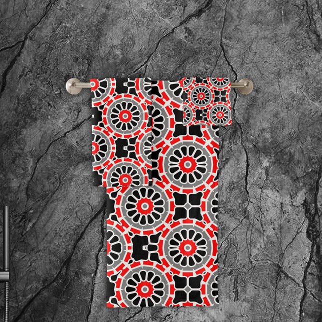 Conjunto De Toalhas Padrão Geométrico Mosaico Vermelho Negro Branco e  (Criador carregado)