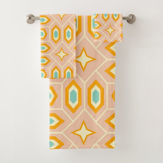 Conjunto De Toalhas Padrão geométrico retrô com hexágonos e estrelas (Insitu)