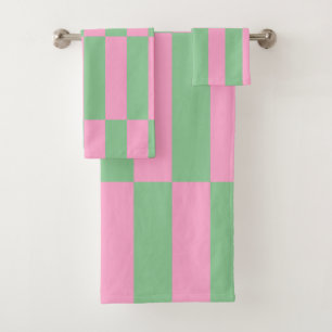 Conjunto De Toalhas Padrão Geométrico Rosa e Verde Striped