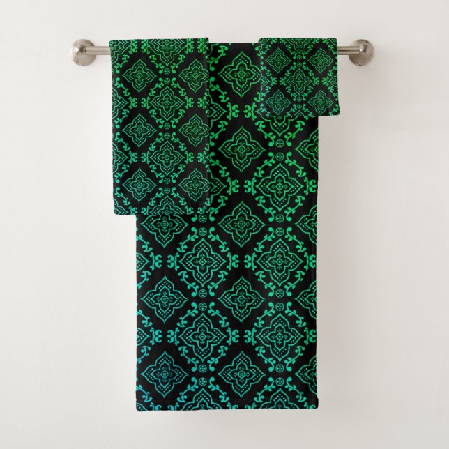 Conjunto De Toalhas Padrão Geométrico Verde / Impressão Indiana (Insitu)