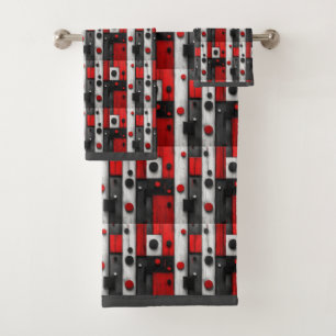 Conjunto De Toalhas Padrão Geométrico Vermelho Branco da Cinza Negra M