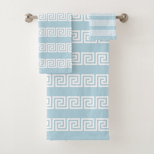 Conjunto De Toalhas Padrão Grego Branco Elegante em Azul Claro (Insitu)