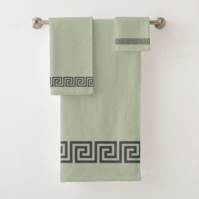 Conjunto De Toalhas Padrão Grego Cinza Elegante em Verde Sage (Insitu)