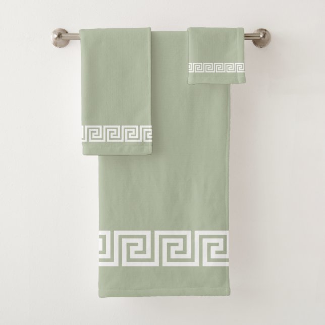 Conjunto De Toalhas Padrão Grego Elegante em Verde Sage (Insitu)