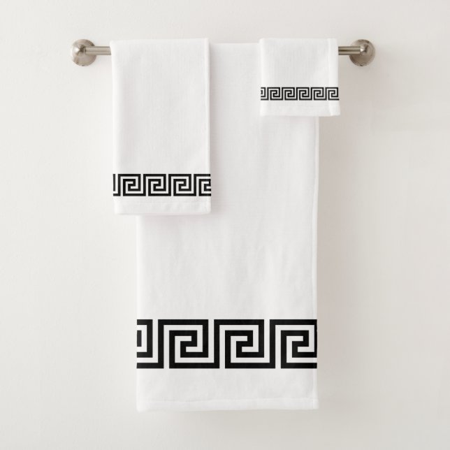 Conjunto De Toalhas Padrão Grego Preto Elegante em Branco (Insitu)