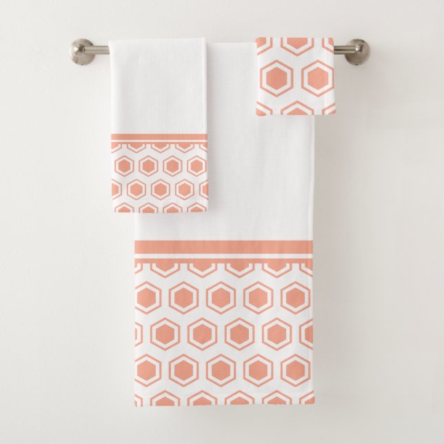 Conjunto De Toalhas Padrão Hexagonal Apricot e Branco (Insitu)