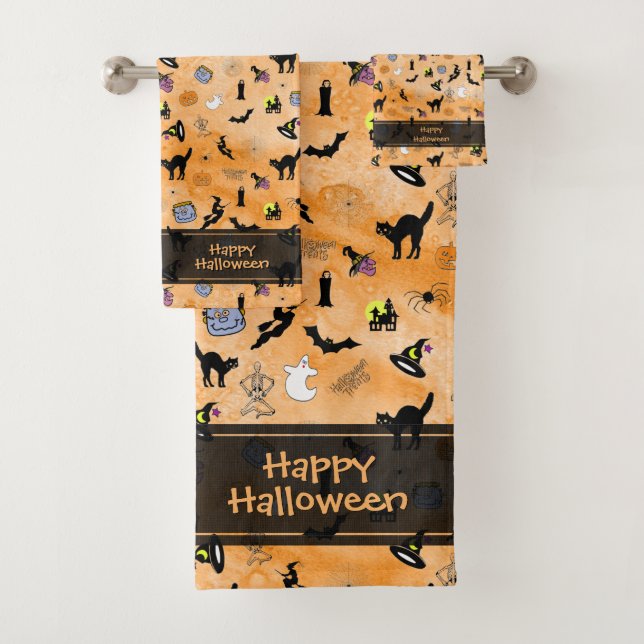 Conjunto De Toalhas Padrão Ícnico Aleatório Feliz Halloween Laranja (Insitu)