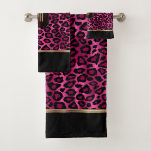 Conjunto De Toalhas Padrão-leopardo rosa-quente e preto com monograma