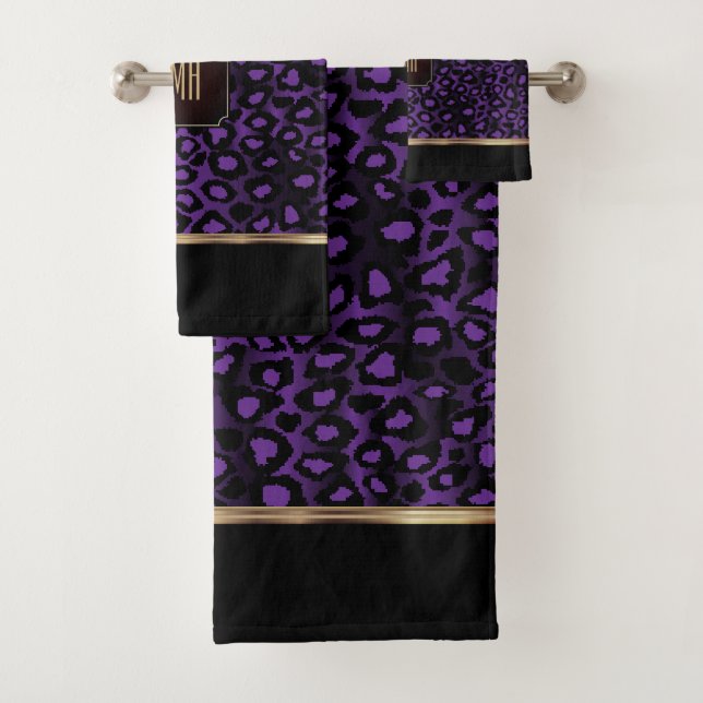 Conjunto De Toalhas Padrão-leopardo roxo e preto com monograma (Insitu)