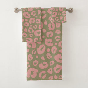 Conjunto De Toalhas Padrão-Leopardo Verde e Rosa