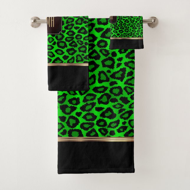 Conjunto De Toalhas Padrão-Leopardo verde limão e Preto com Monograma (Insitu)