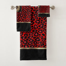 Conjunto De Toalhas Padrão-Leopardo Vermelho e Negro com Banheira-Leão
