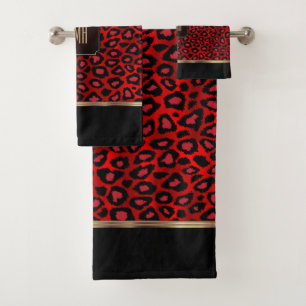 Conjunto De Toalhas Padrão-Leopardo Vermelho e Negro com Monograma