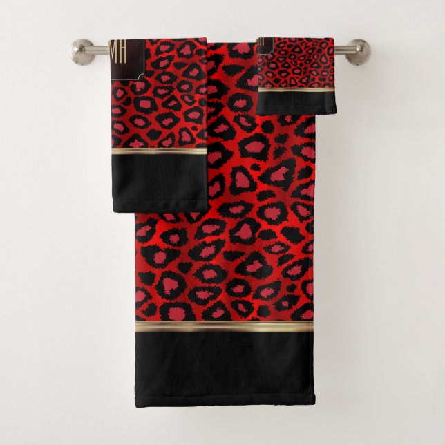 Conjunto De Toalhas Padrão-Leopardo Vermelho e Preto com Monograma (Insitu)