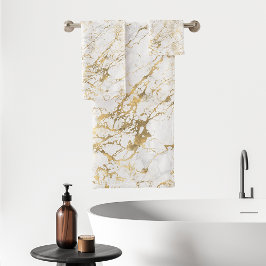 Conjunto De Toalhas Padrão Marble Elegante Branco Dourado