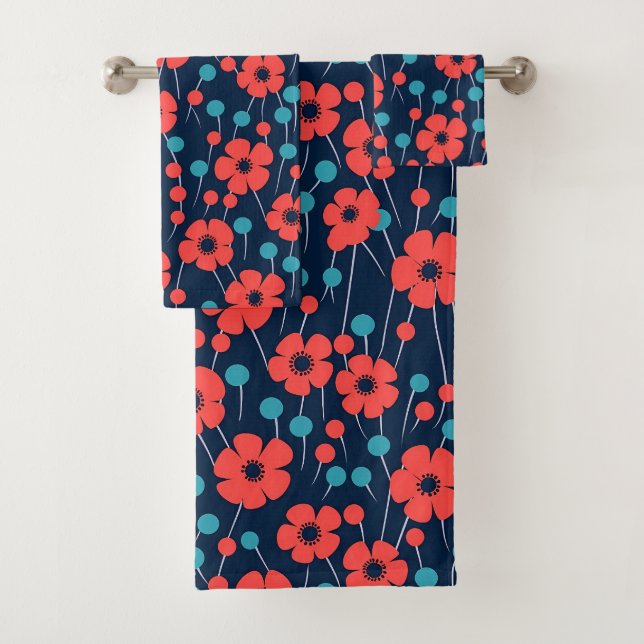 Conjunto De Toalhas Padrão marinho Azul Vermelho Poppy Impressão Flora (Insitu)