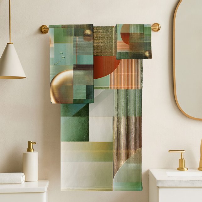 Conjunto De Toalhas Padrão Moderno Abstrato Verde Turquesa Dourado (Bath towel set featuring a modern abstract design in green, teal and gold)