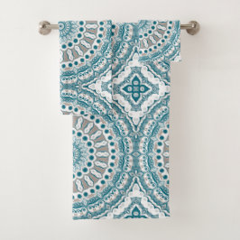 Conjunto De Toalhas Padrão Moderno de Mandala Aqua e Bege
