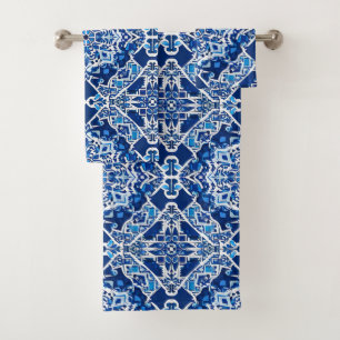 Conjunto De Toalhas Padrão Mosaico em Índigo e Azul Cobalto