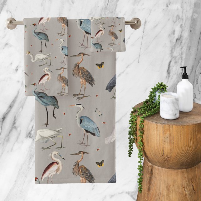 Conjunto De Toalhas Padrão Natural do Heron Bird Egret da Aquarela (Watercolor Heron Bird Egret Nature Pattern Bath Towel Set)